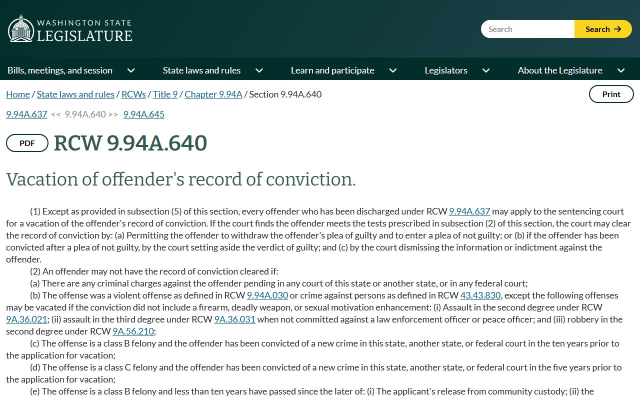 RCW 9.94A.640 Pierce County felony conviction vacation statute Washington Legislature