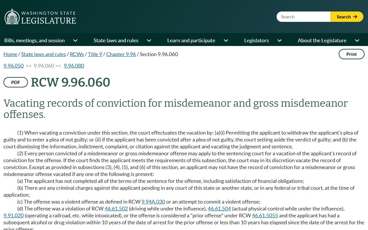 RCW 9.96.060 Pierce County misdemeanor conviction vacation statute Washington Legislature
