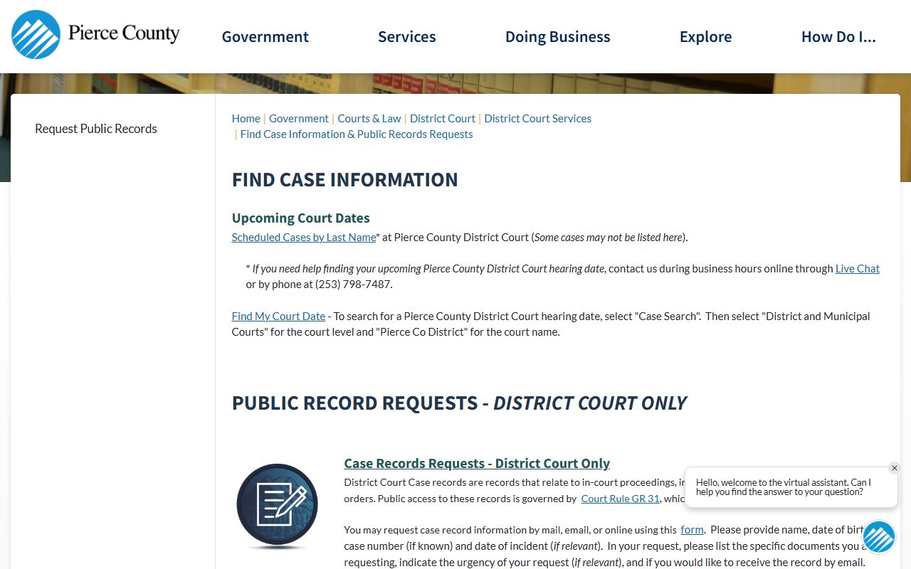 Pierce County District Court case information page showing hearing lookup and records request guidance