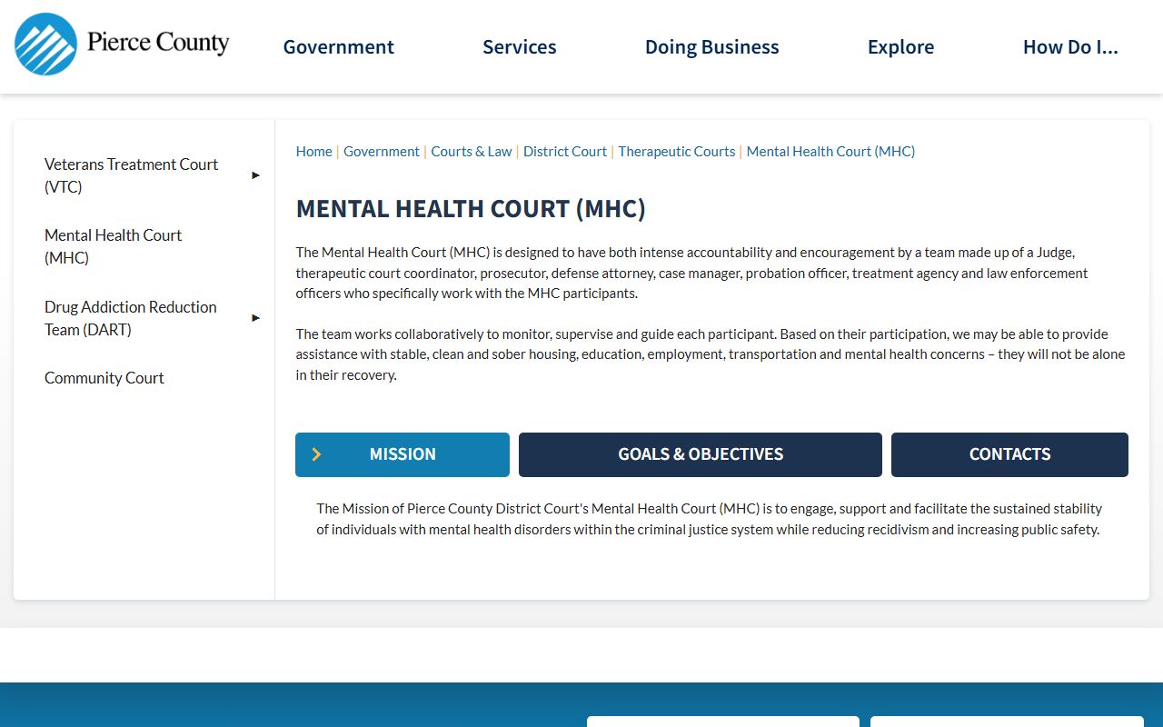 Pierce County District Court Mental Health Court program page showing mission and contact information