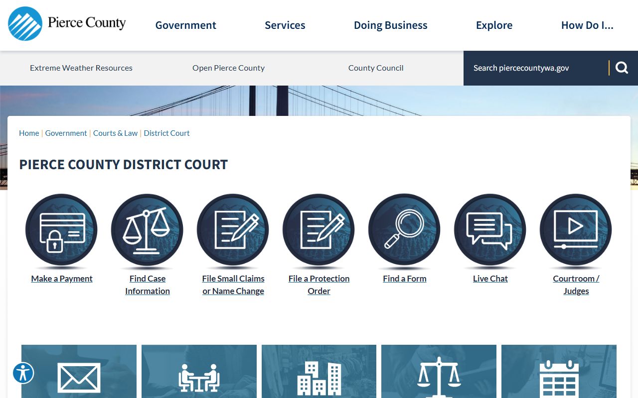 Pierce County District Court landing page showing court records and limited jurisdiction services