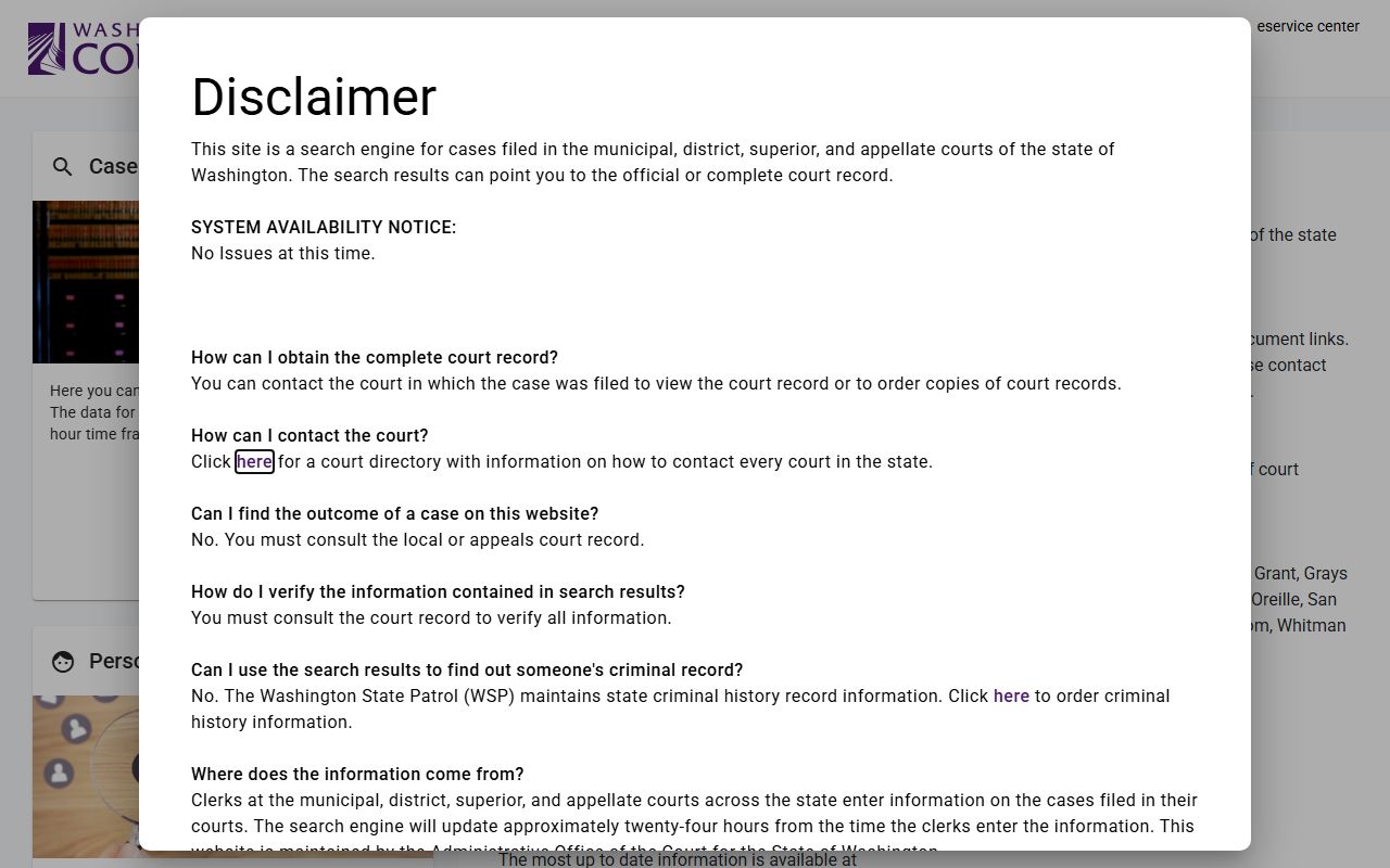 Washington Courts statewide case and hearing search portal for district and municipal court records