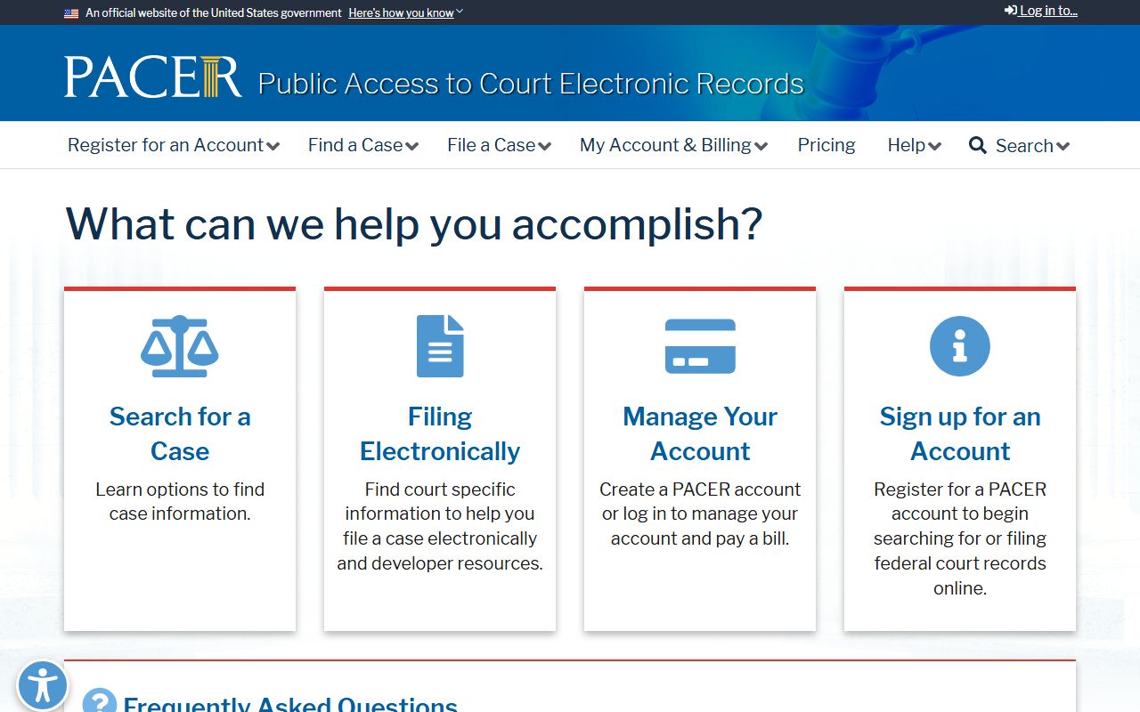 PACER home page for accessing Pierce County federal court records