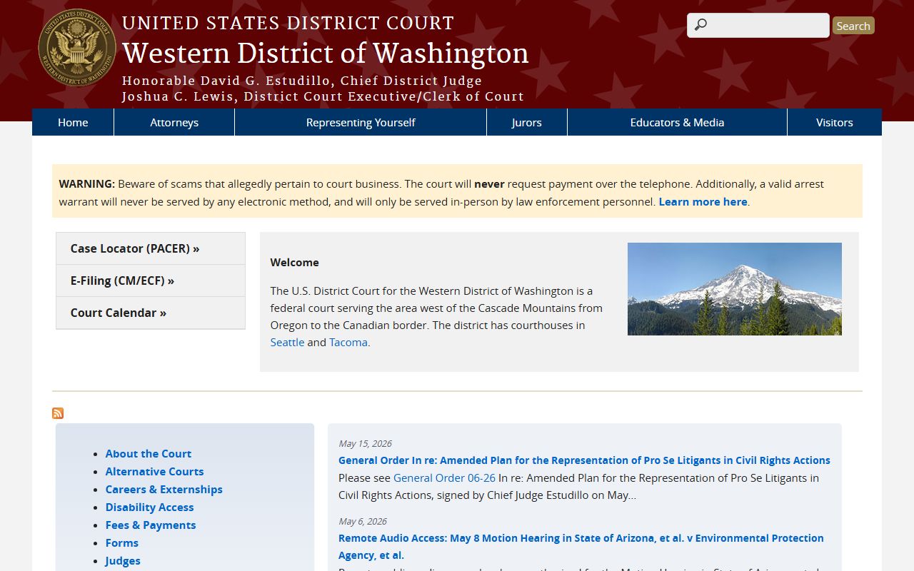 Western District of Washington federal court home page for Pierce County