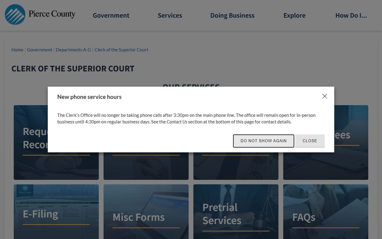 Pierce County Clerk of the Superior Court page for court records