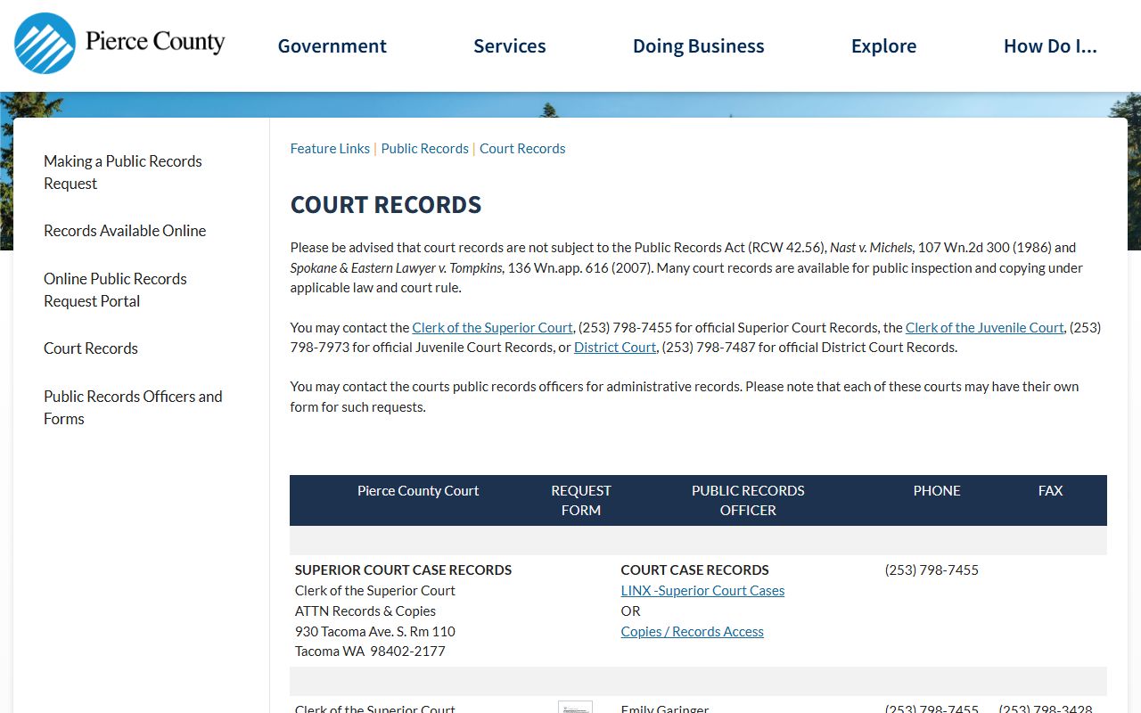 Pierce County court records contacts by court type