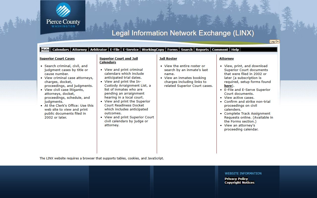 Pierce County LINX main dashboard for court records