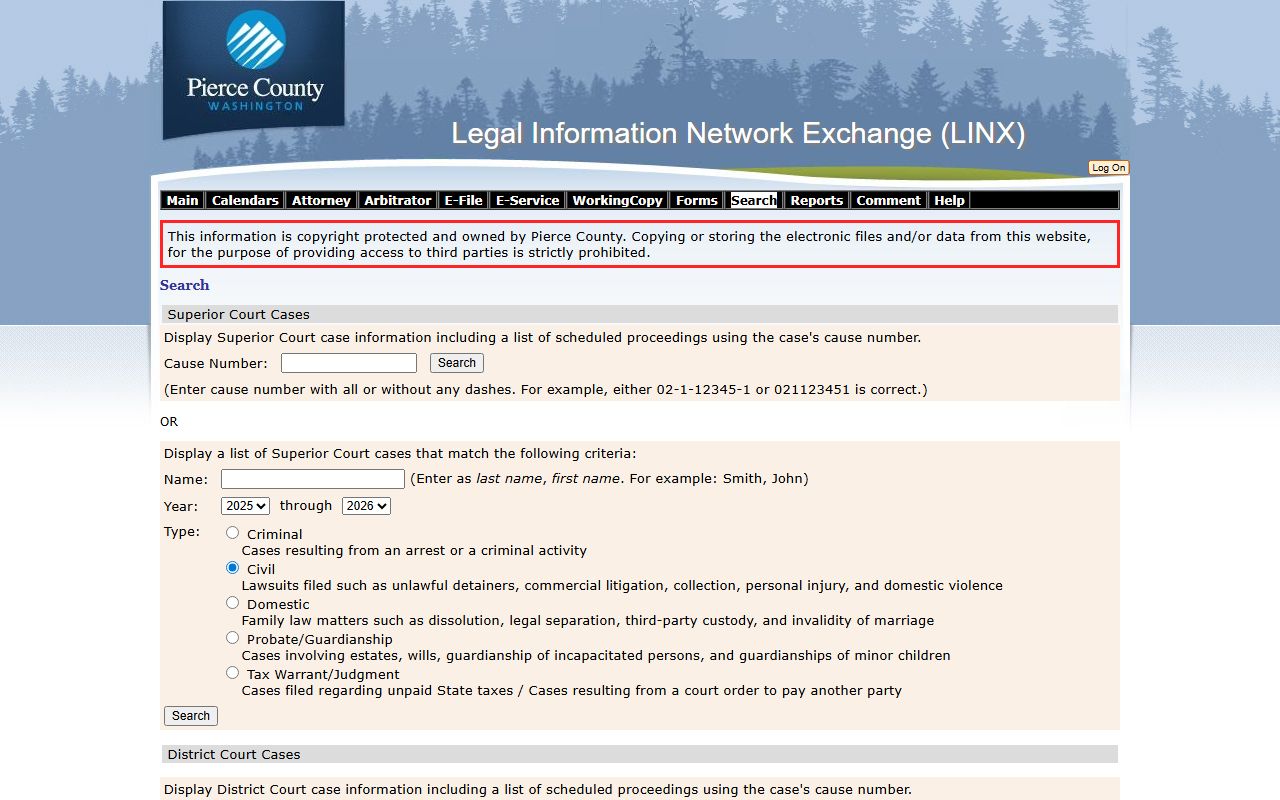 Pierce County LINX search form for court records