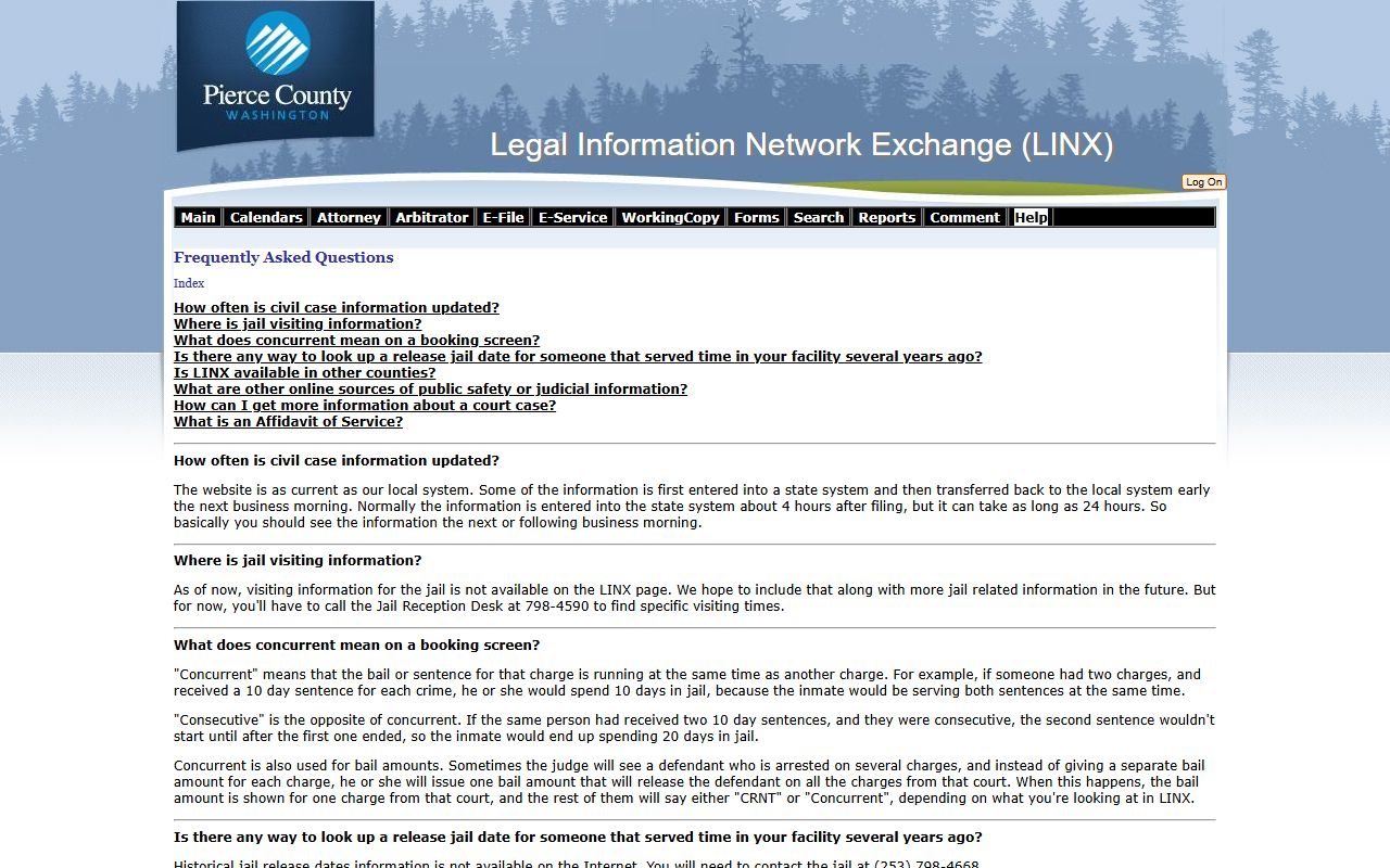 Pierce County LINX FAQ on court records update timing