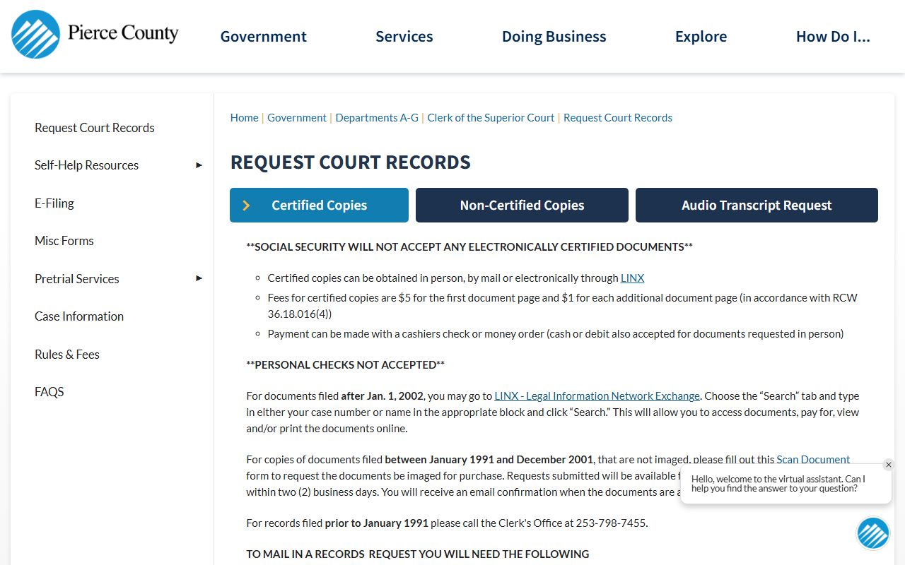 Pierce County Superior Court records request and copy fees