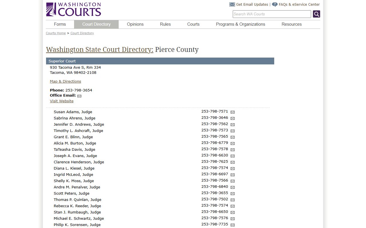 Washington Courts directory listing Pierce County Court offices