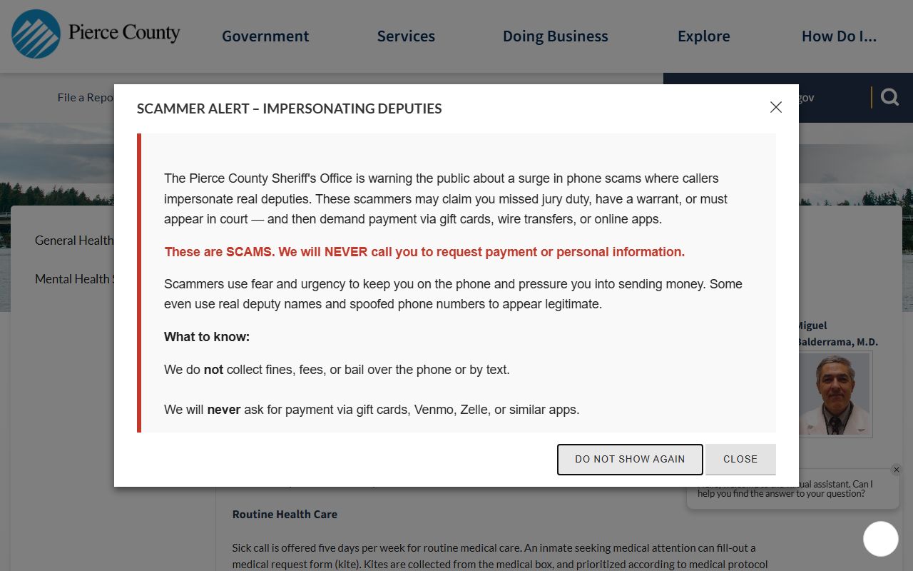 Pierce County jail general health services page showing inmate population medical care details