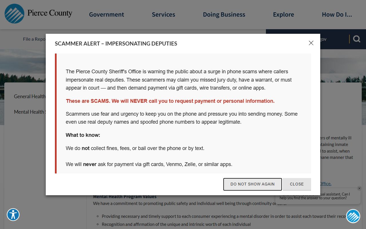 Pierce County jail mental health services page showing inmate population mental health program details