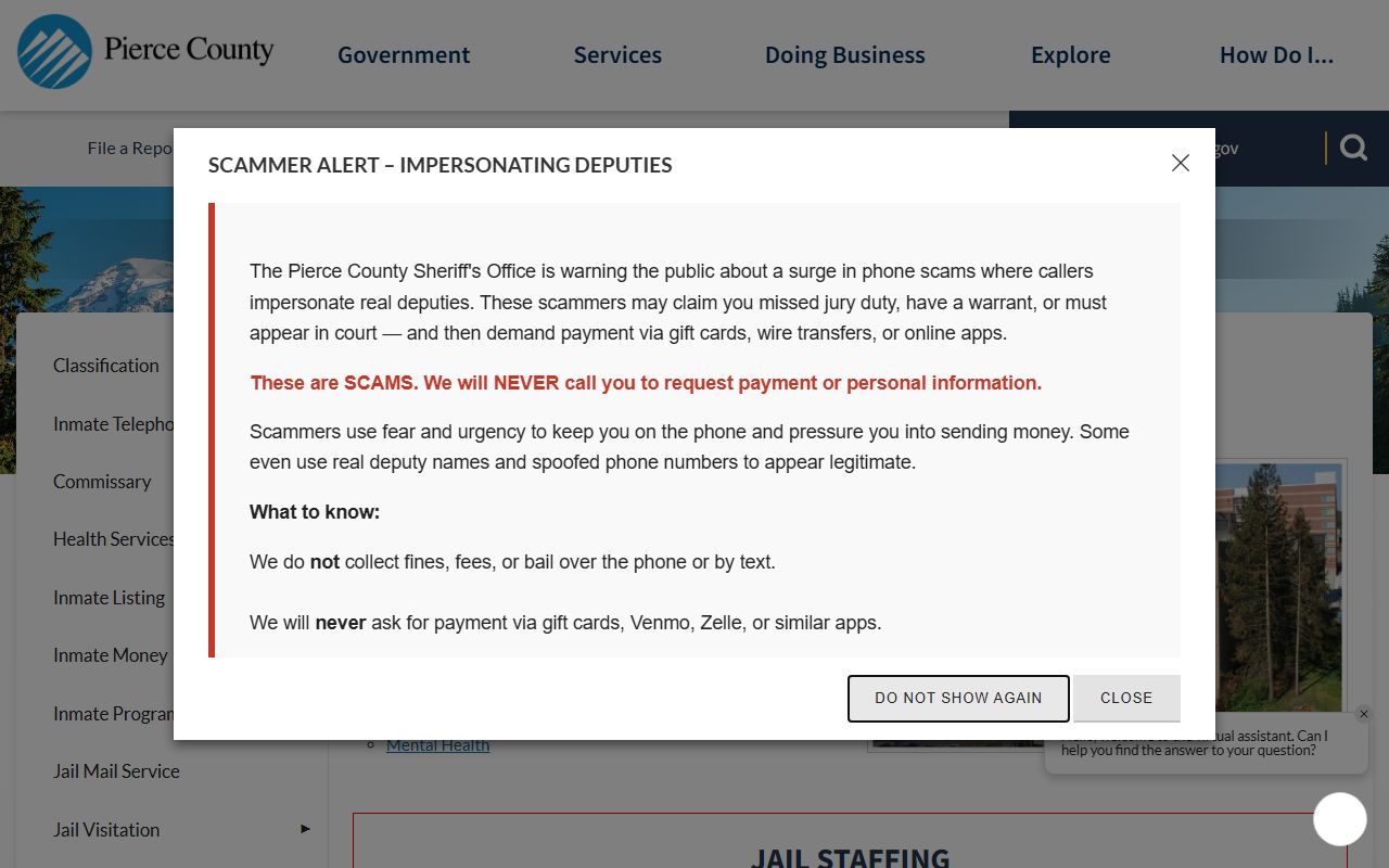 Pierce County Sheriff Corrections Bureau page showing jail roster and inmate services for Pierce County inmate search