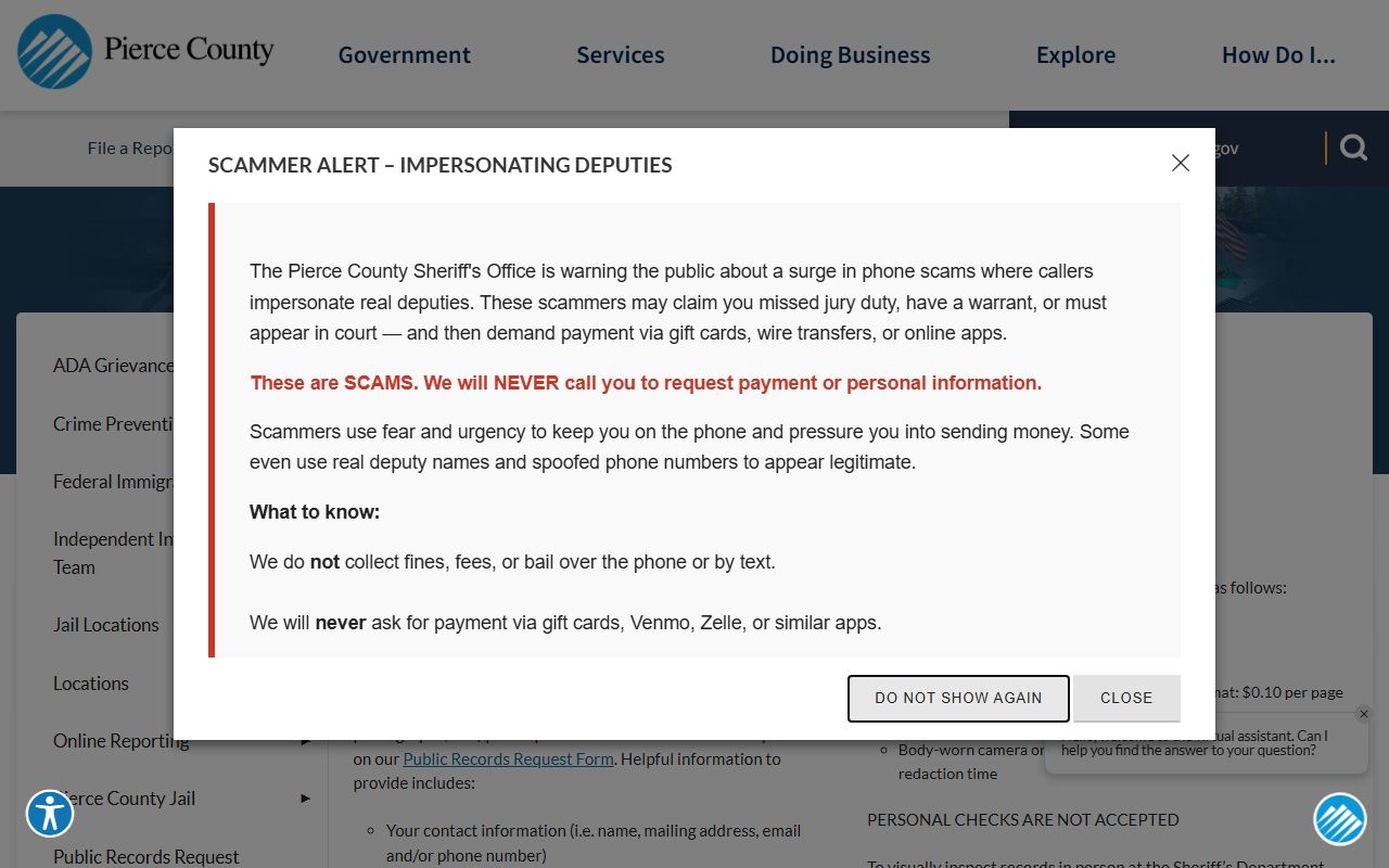 Pierce County Sheriff public records request page showing inmate records confidentiality under RCW 70.48.100