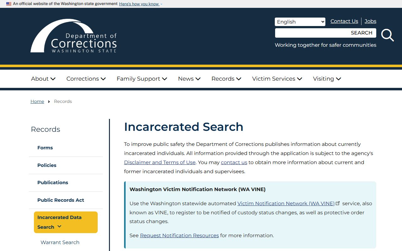 Washington State DOC incarcerated individual search page for Pierce County inmates transferred to state prison