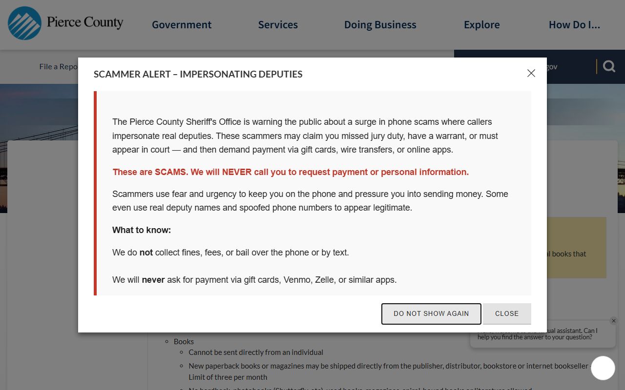 Pierce County Jail acceptable and rejected items page showing book policy effective June 2024