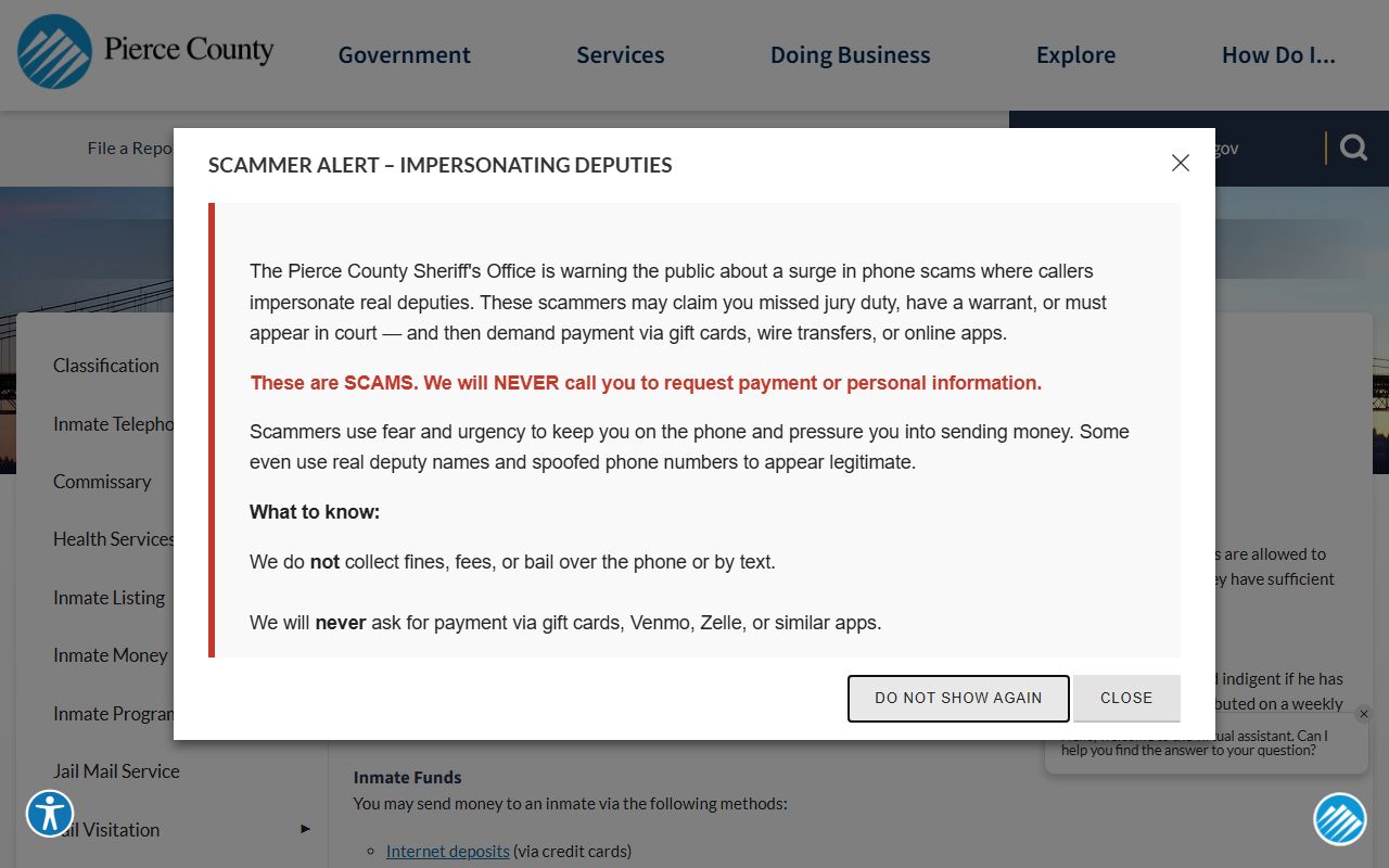 Pierce County Jail commissary page showing TouchPay deposit methods and Sunday funding deadline