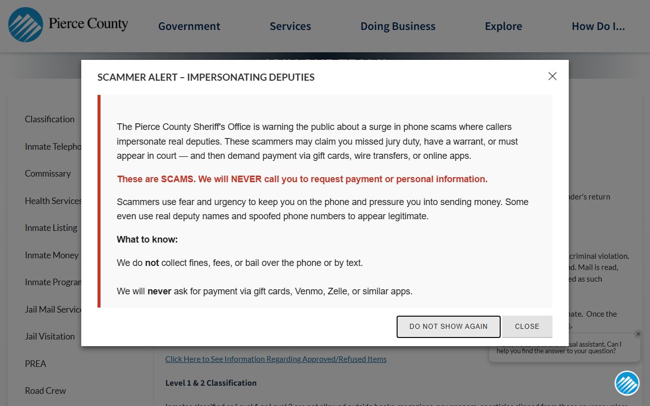 Pierce County Jail mail service page showing scan-and-shred policy and mailing address format