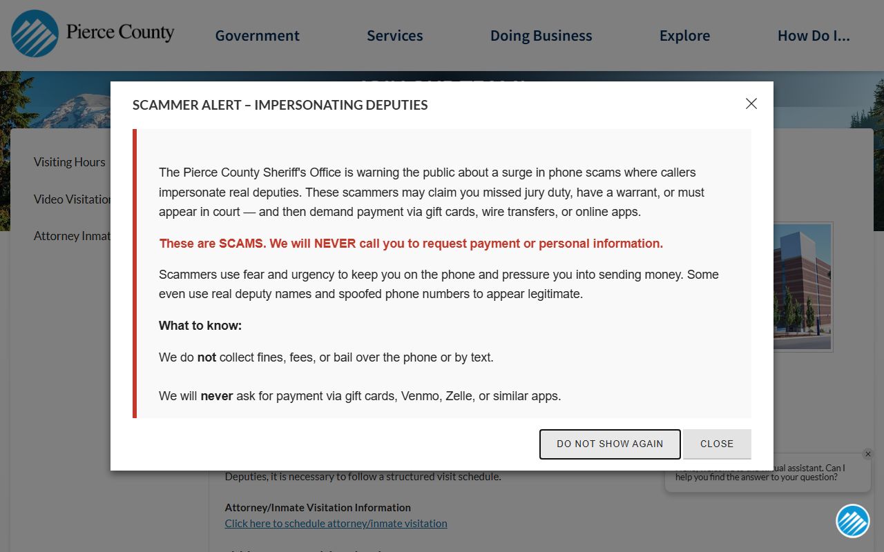 Pierce County Jail visitation page showing current in-person visitation unavailable notice
