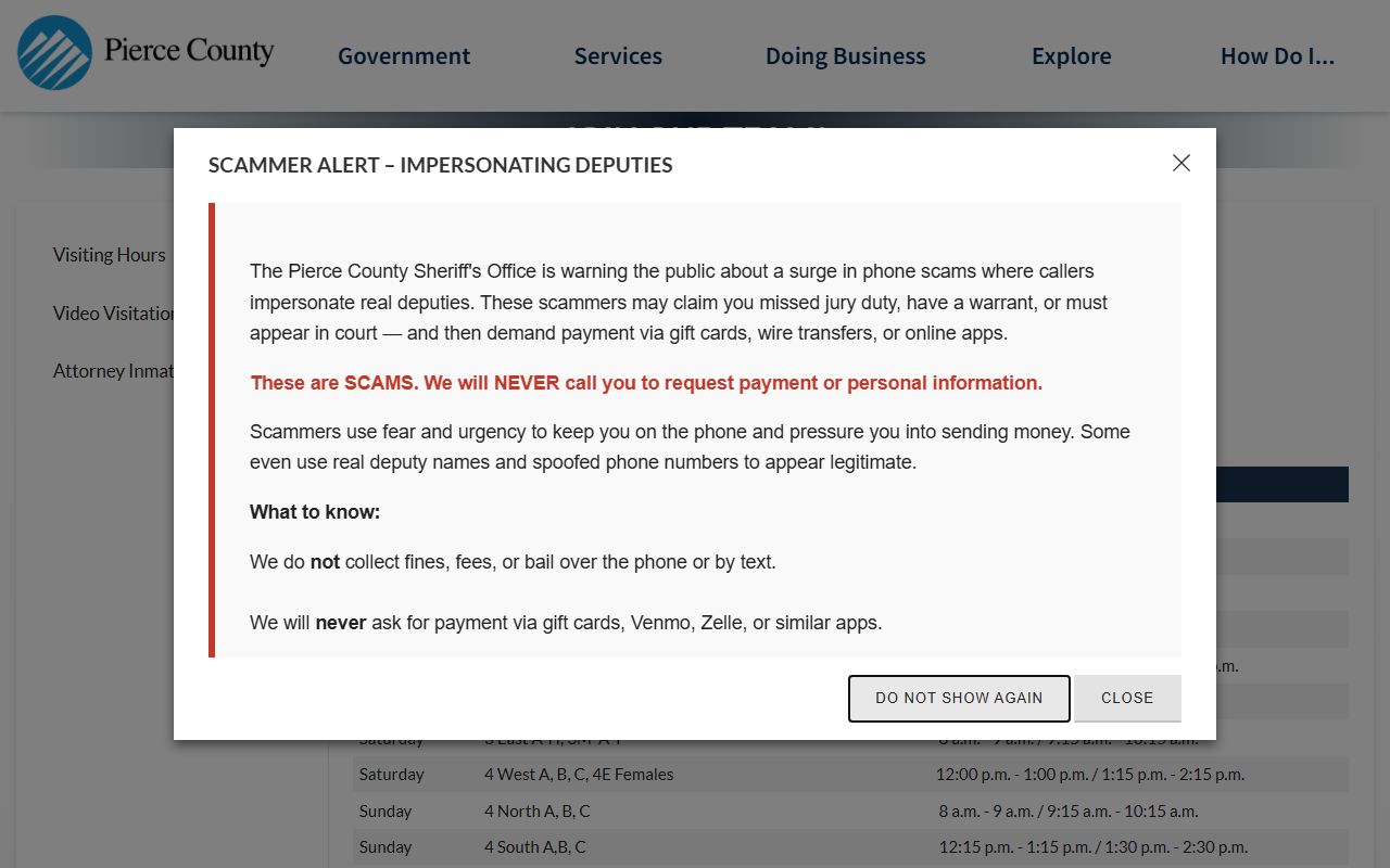 Pierce County Jail visiting hours schedule for Main Jail and New Jail units
