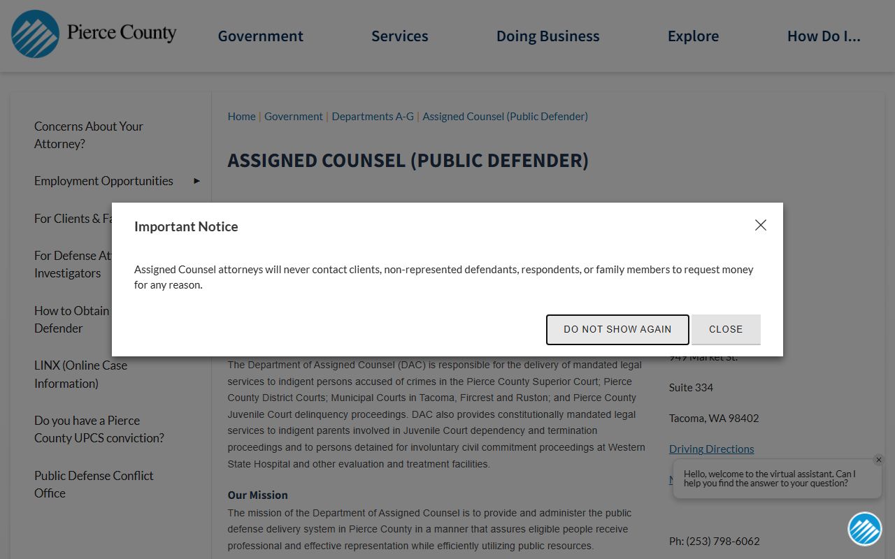 Pierce County Department of Assigned Counsel public defender court records