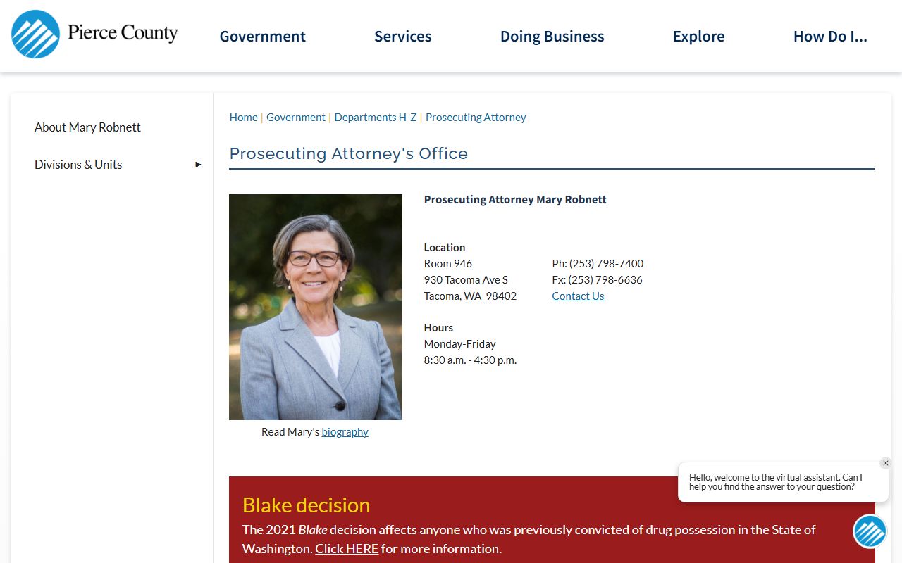 Pierce County Prosecuting Attorney office for court records and victim services