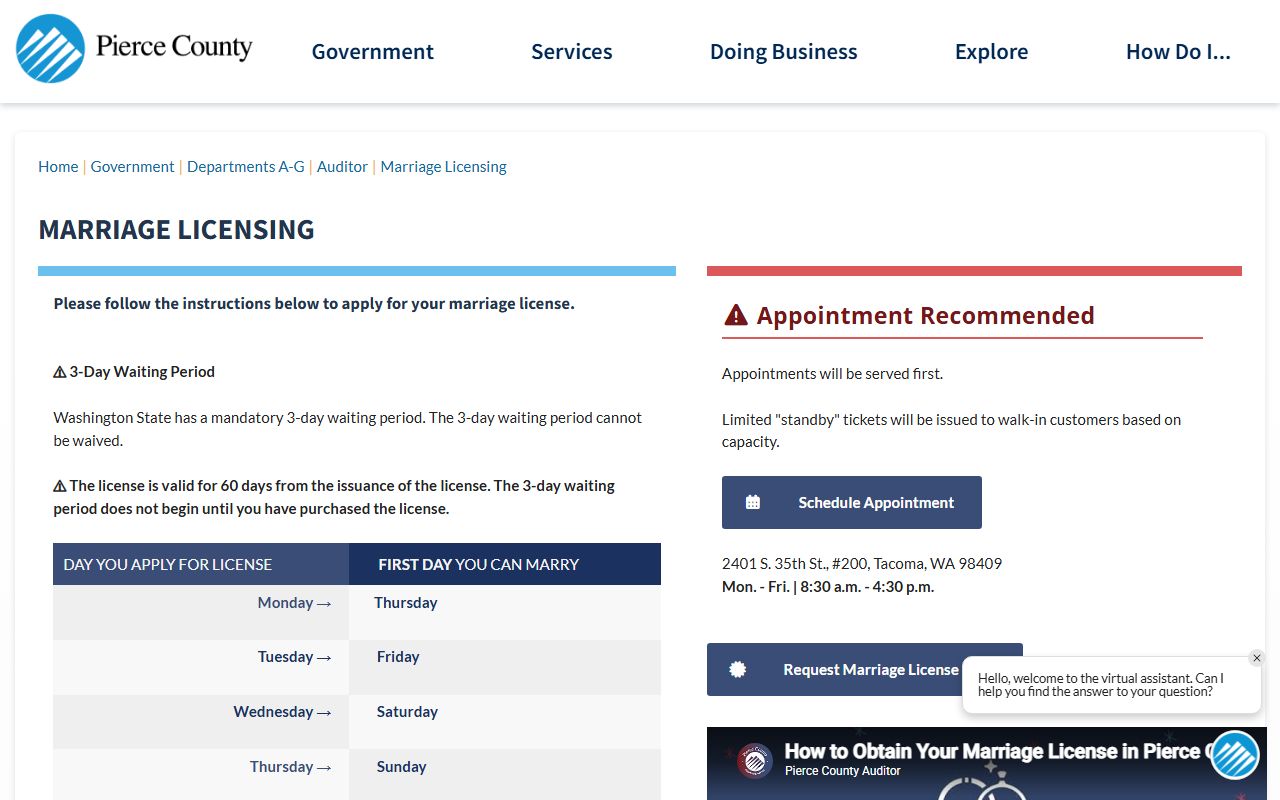 Pierce County Auditor marriage licensing process page for marriage and divorce records