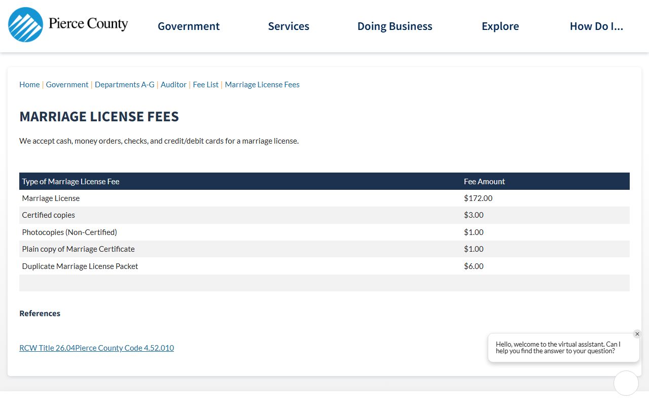 Pierce County Auditor marriage license fee schedule for marriage and divorce records