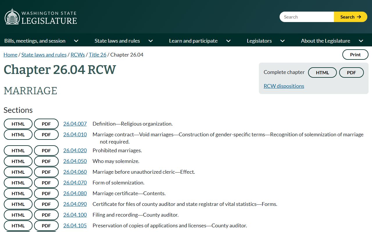 Washington state marriage statutes chapter 26.04 RCW for Pierce County marriage and divorce records