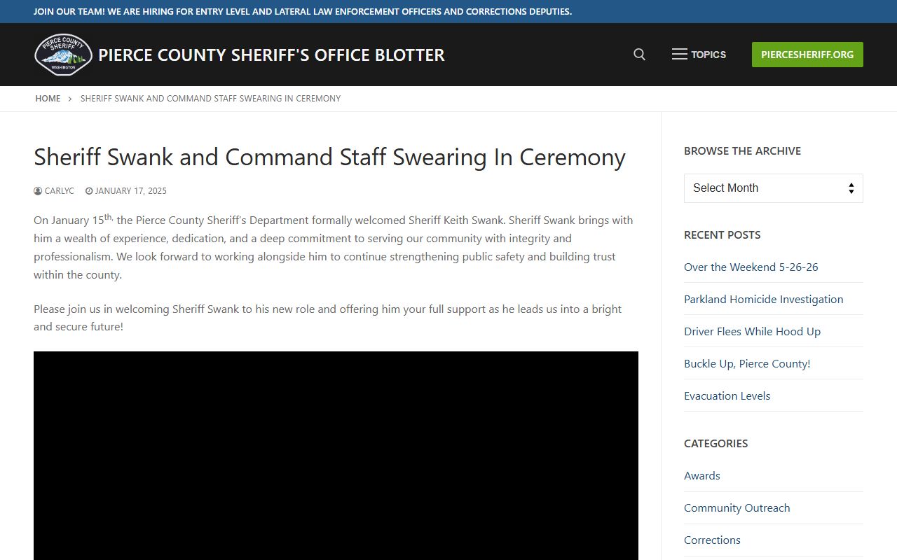 Pierce County Sheriff Swank command staff swearing-in ceremony related to released inmates oversight
