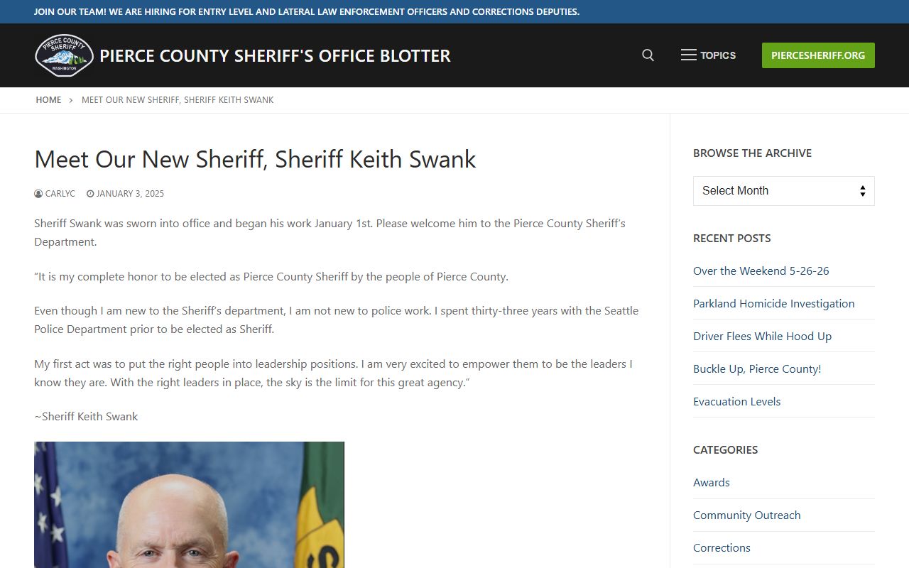Pierce County Sheriff Keith Swank sworn in announcement