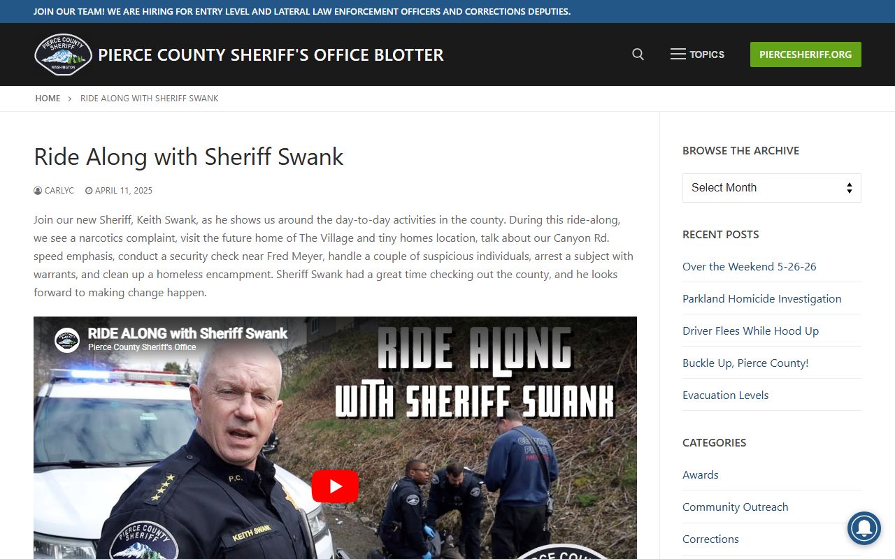 Pierce County Sheriff Swank ride along post showing county law enforcement context for released inmates