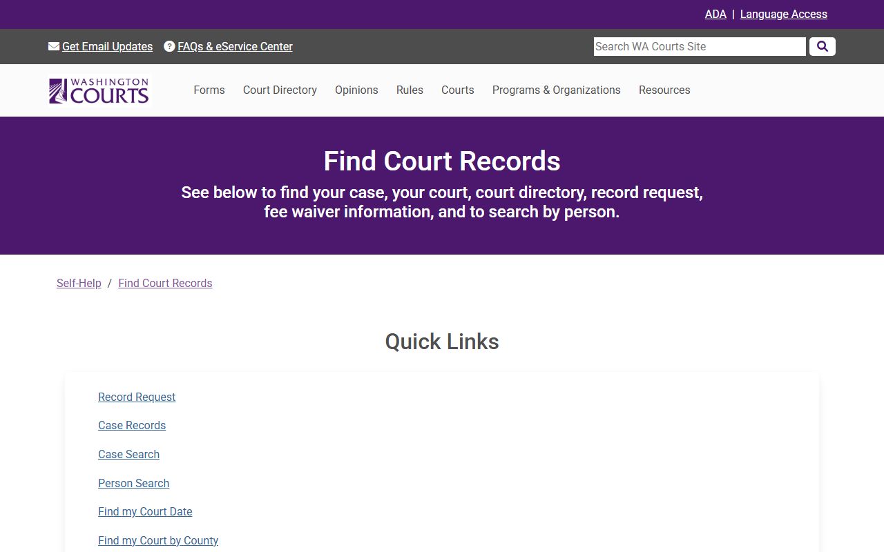 Washington Courts self-help page for finding Pierce County probate records