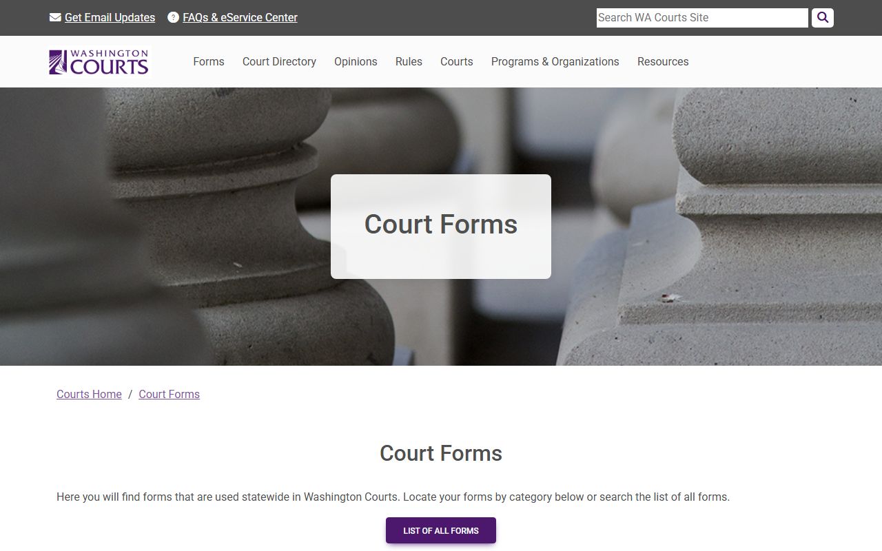 Washington Courts forms page for Pierce County probate records filings