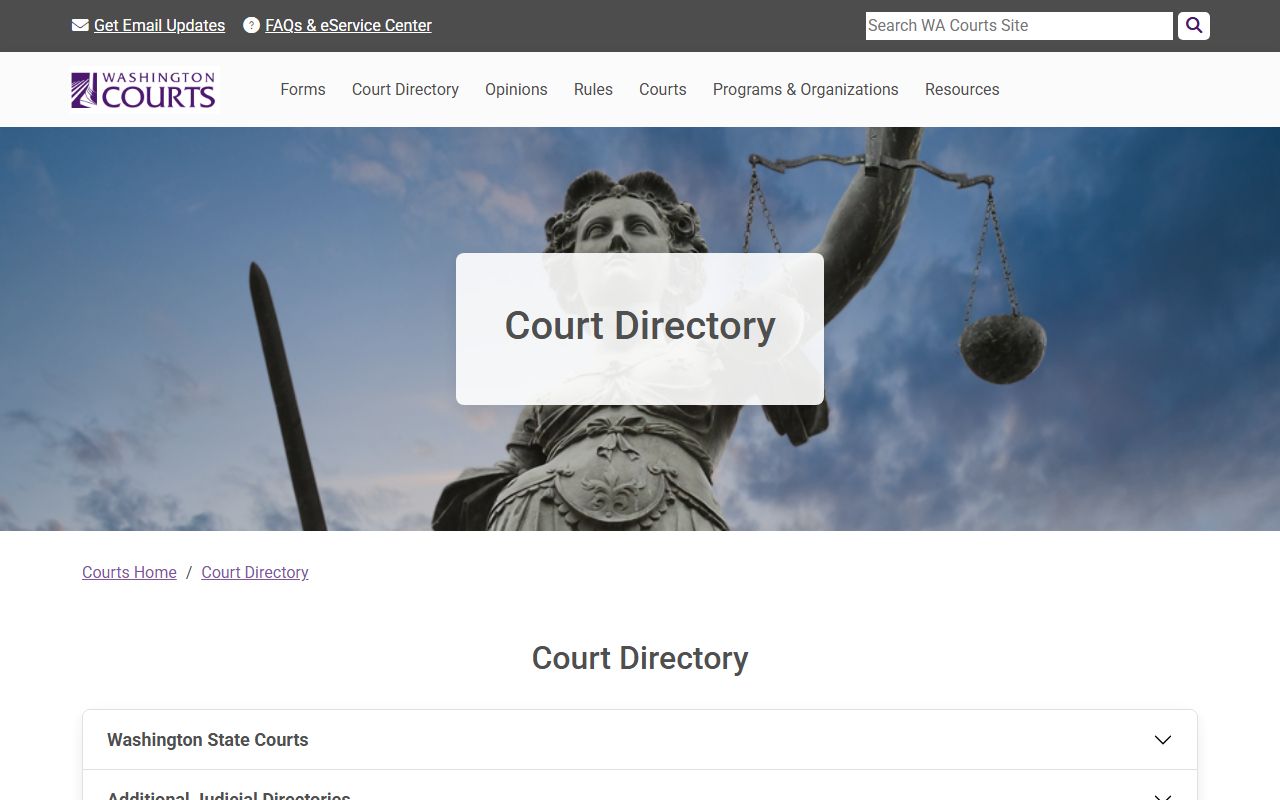 Washington Courts directory listing Pierce County Superior Court for probate records