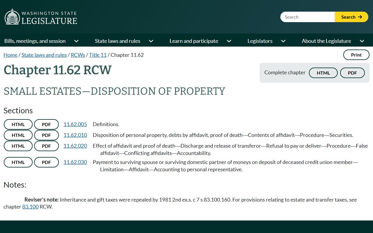 Washington RCW 11.62 small estate affidavit provisions for Pierce County probate records
