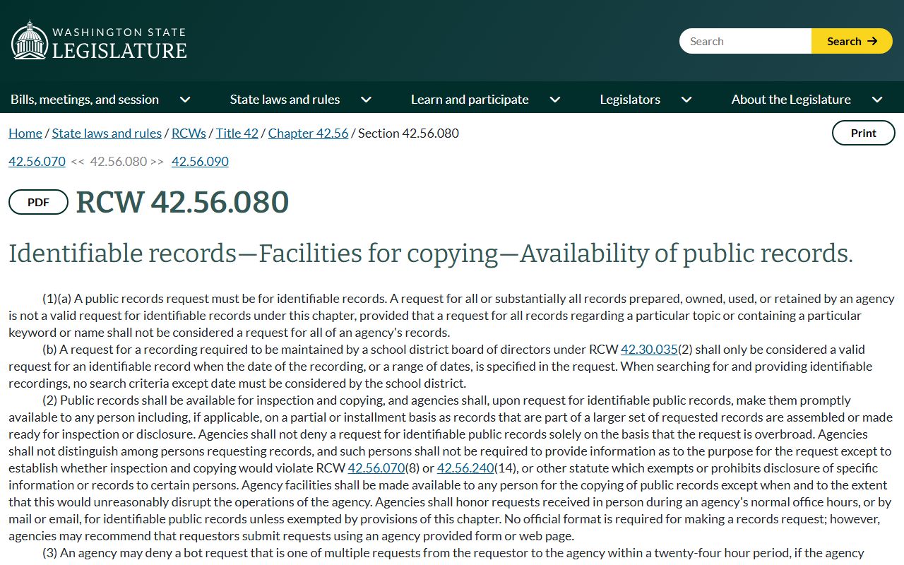 RCW 42.56.080 text on identifiable records and facilities for copying, relevant to Pierce County public records requests