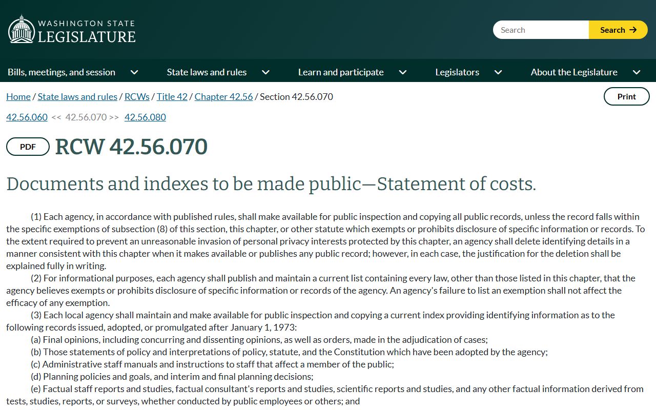 RCW 42.56.070 on indexes and copying costs for Pierce County public records on the Washington Legislature site
