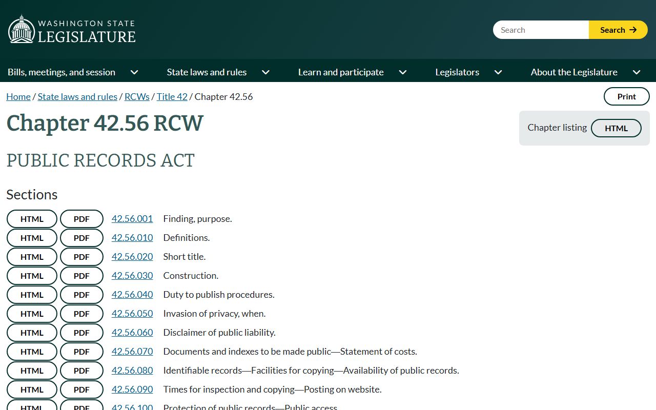 Washington Public Records Act chapter 42.56 RCW text on the Washington Legislature website, relevant to Pierce County public records requests