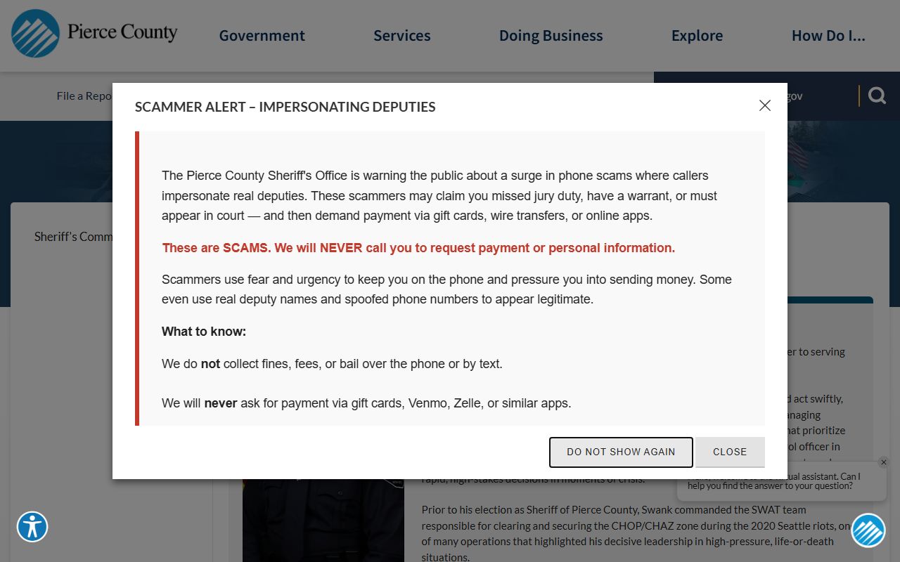 Pierce County Sheriff biography page with released inmates custody oversight information