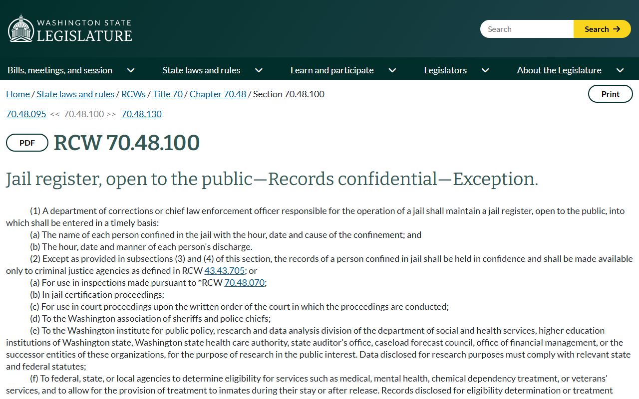 Washington RCW 70.48.100 jail register statute relevant to Pierce County criminal traffic court records