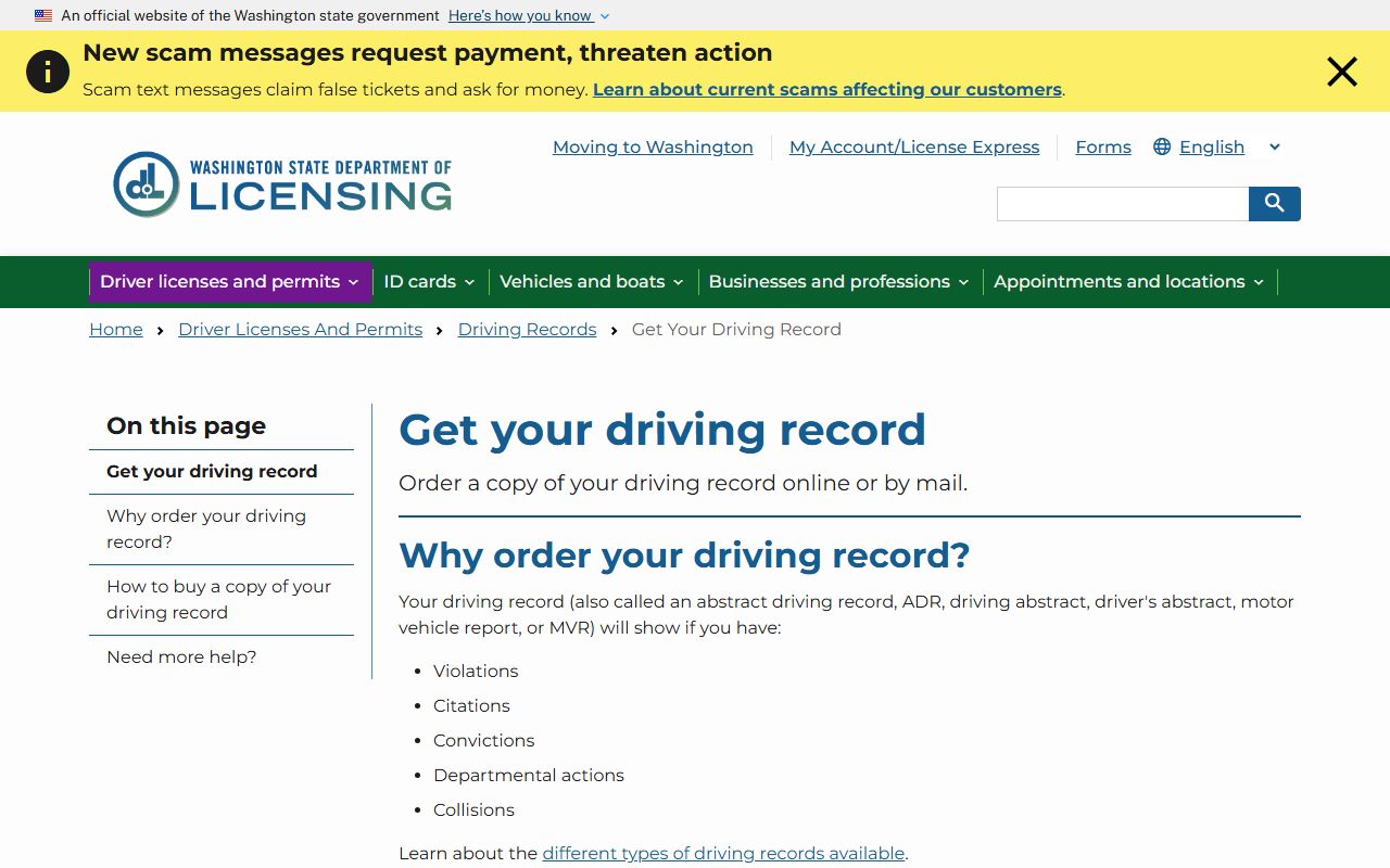 Washington DOL driving records page showing Pierce County traffic records access options